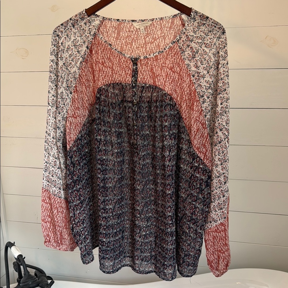 Lucky Brand Black and Pink Long Sleeve Relaxed Blouse